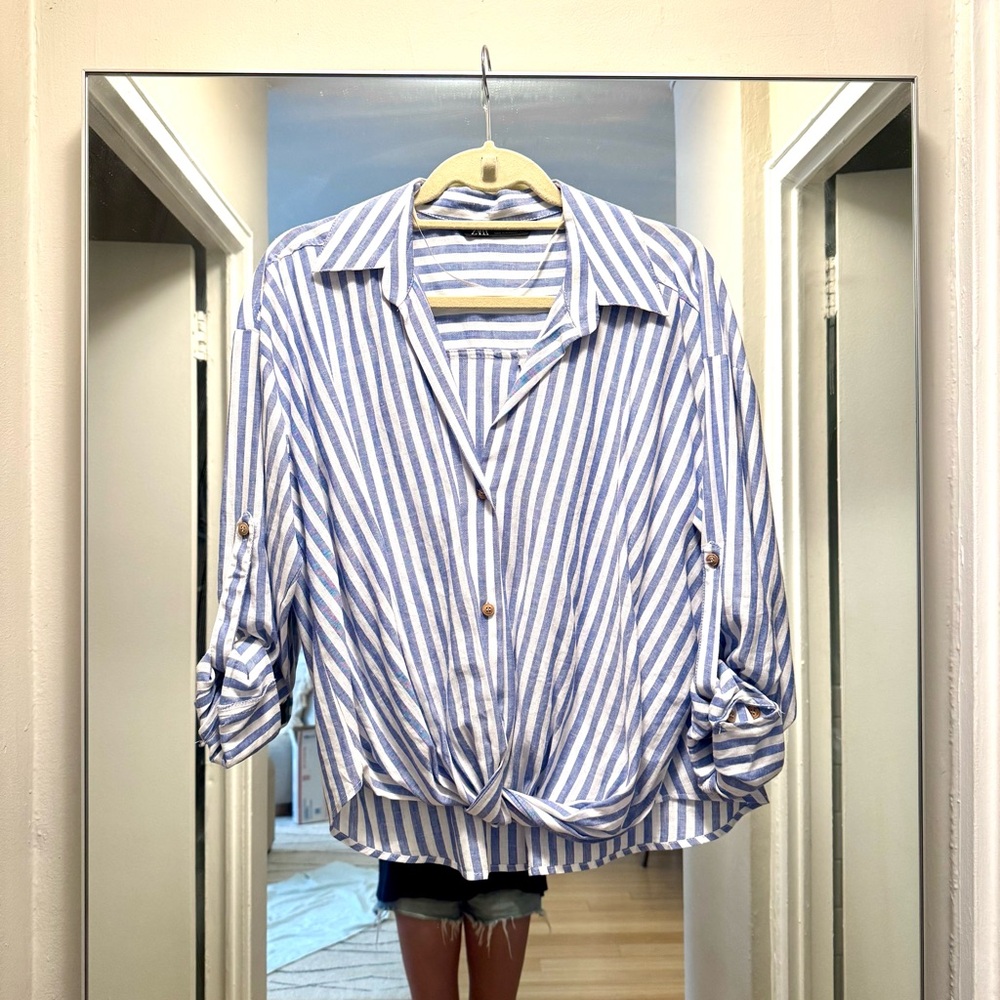 ZARA Linen Blend Striped Blouse Top NWOT